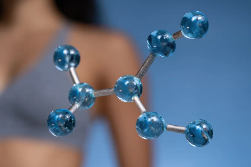 Molecular model with blue glass spheres connected by rods, shown in front of a blurred person in a lab setting