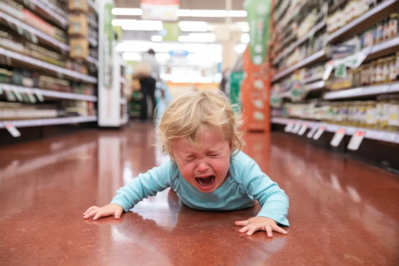 Young toddler crying on supermarket floor during shopping trip