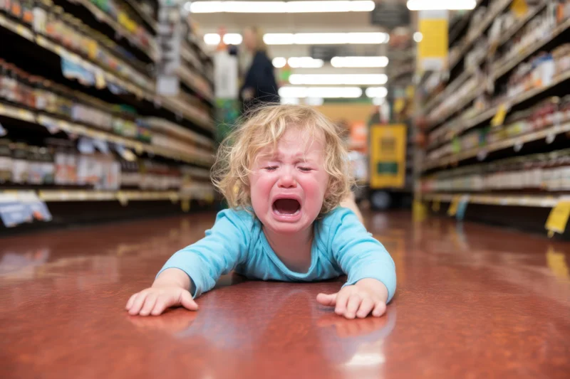 Young toddler crying on supermarket floor during shopping trip