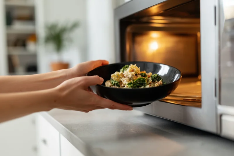 Hands holding a black bowl of broccoli and rice dish being placed into a microwave oven in a kitchen