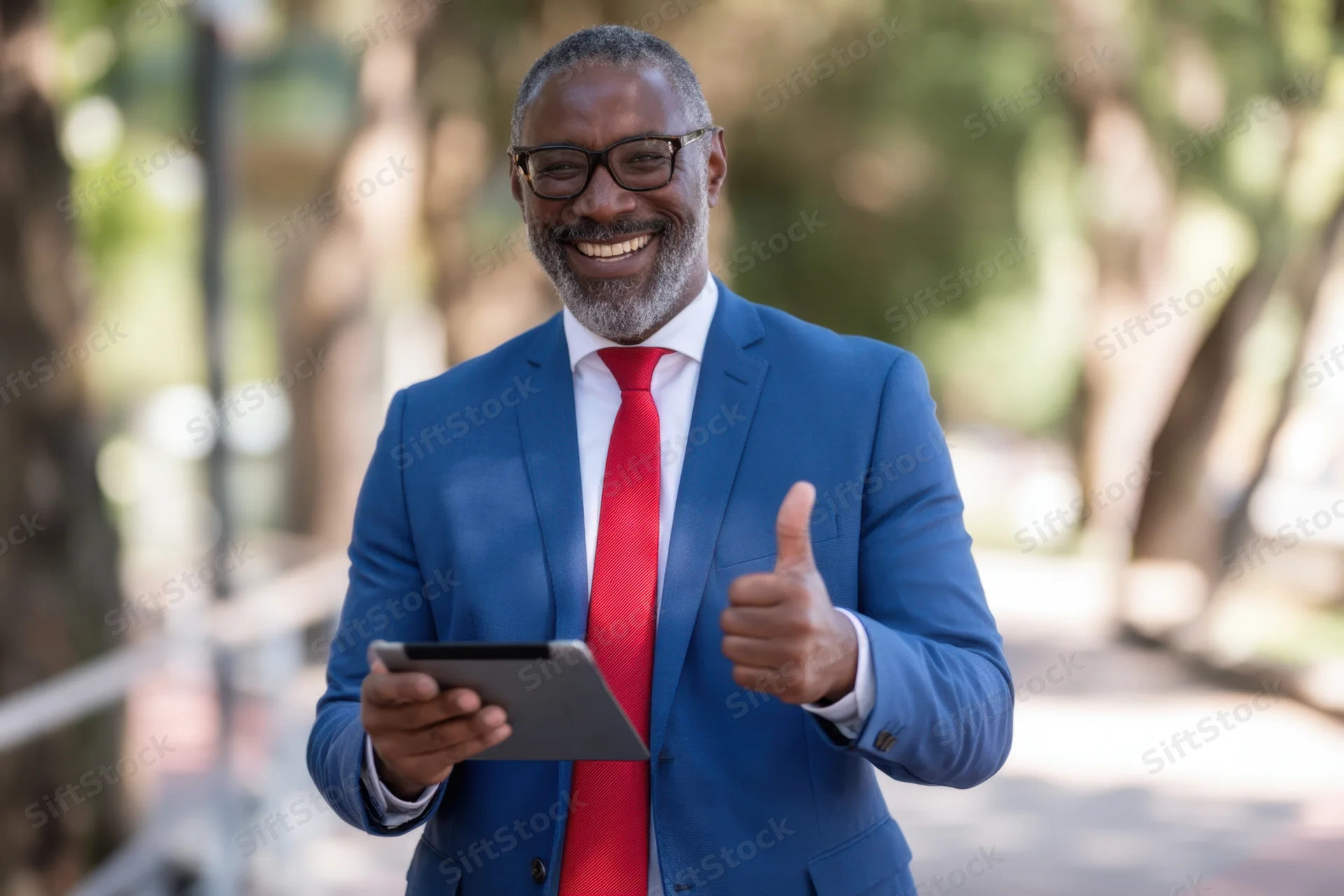 Smiling businessman giving thumbs up while holding tablet outdoors in park