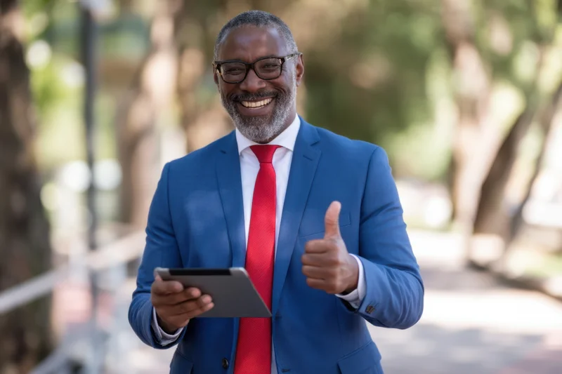Smiling businessman giving thumbs up while holding tablet outdoors in park