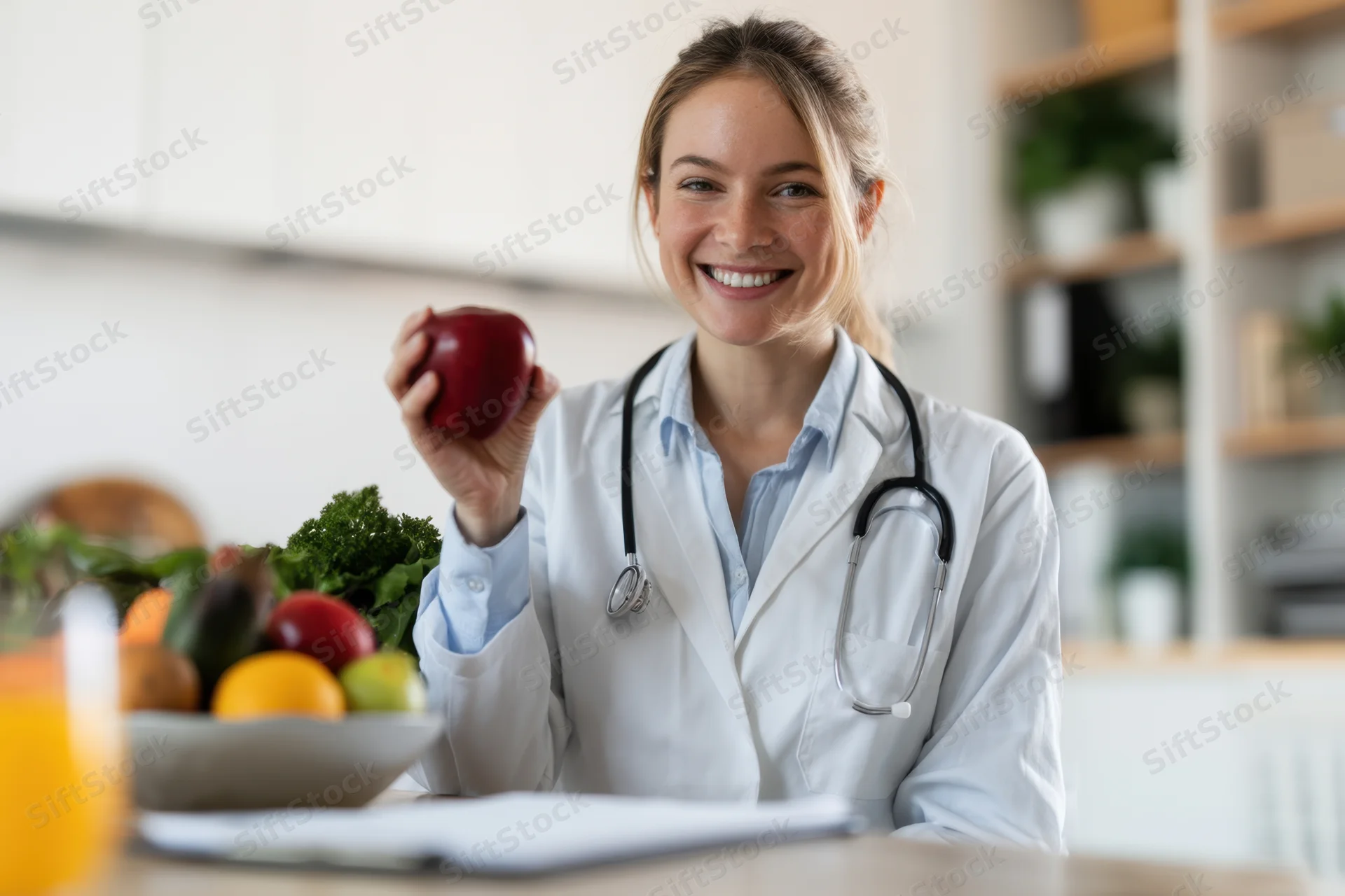 Young woman in lab coat holding red apple in kitchen with bowl of vegetables and fruit on table