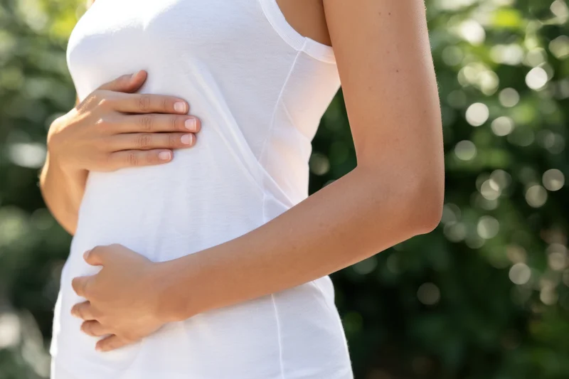 Woman holding her stomach with both hands outdoors among green foliage