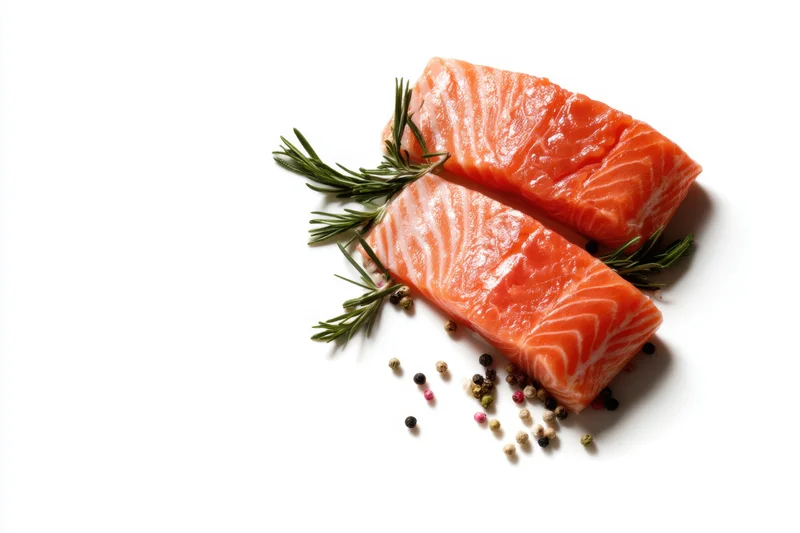 Two raw salmon fillets arranged with rosemary and peppercorns on white background