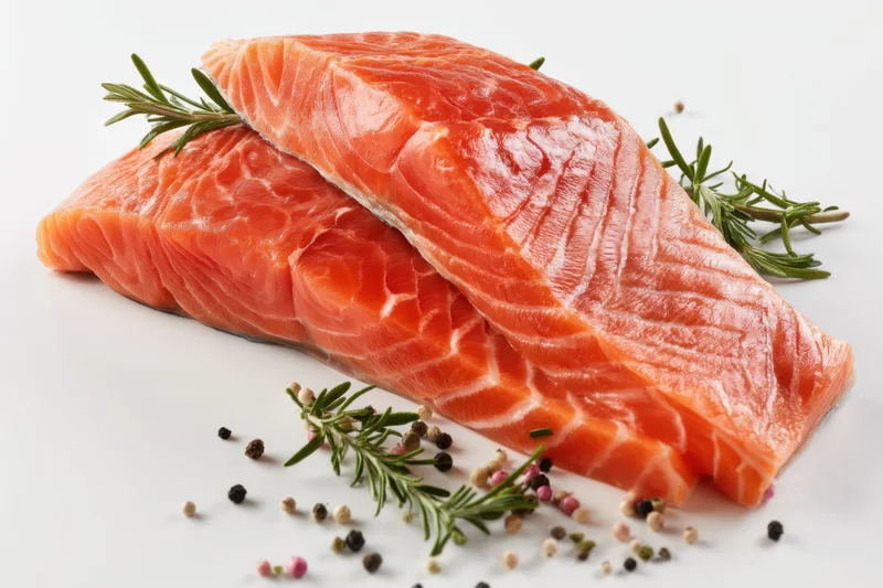 Two raw salmon fillets arranged on white surface with rosemary and peppercorns