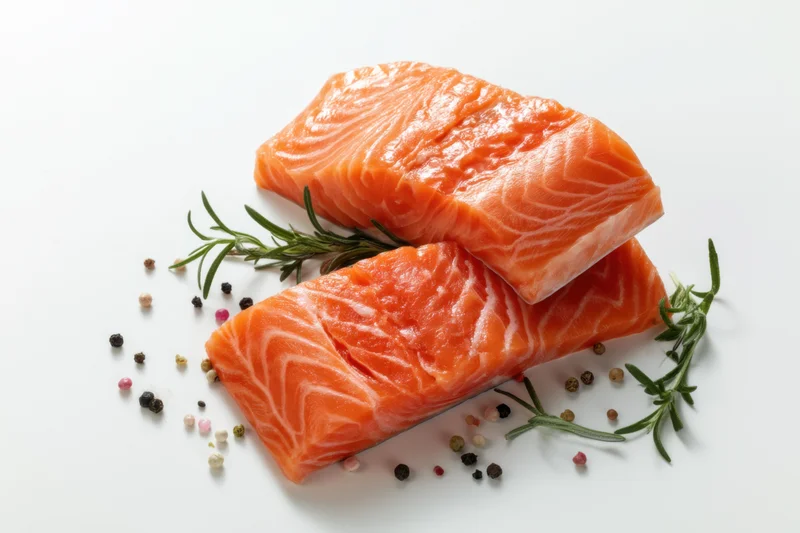 Two raw salmon fillets arranged with rosemary and peppercorns on a white surface
