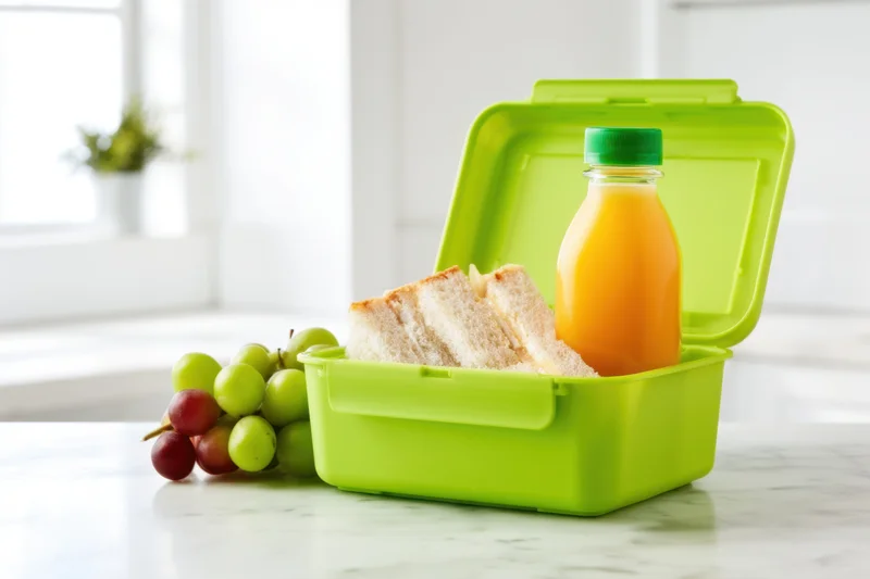 Green lunchbox with sandwich, orange juice and grapes on marble countertop in bright kitchen