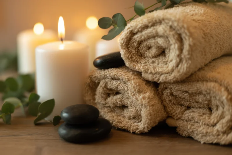 Rolled beige towels and lit candles with smooth stones and eucalyptus on wooden surface