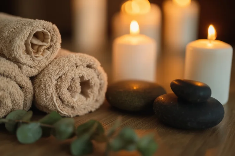 Rolled beige cotton towels and smooth stones arranged on wooden surface with lit candles and eucalyptus sprig