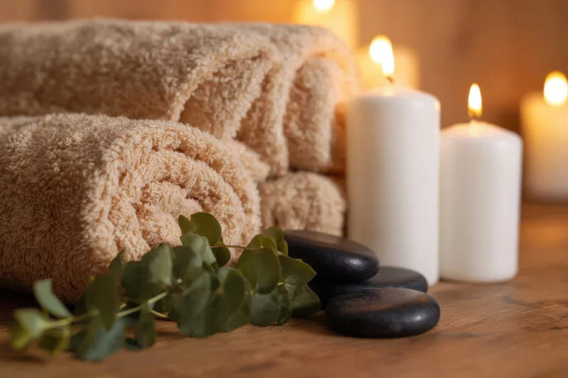 Rolled beige cotton towels with lit white candles, smooth black stones and eucalyptus leaves on wooden surface