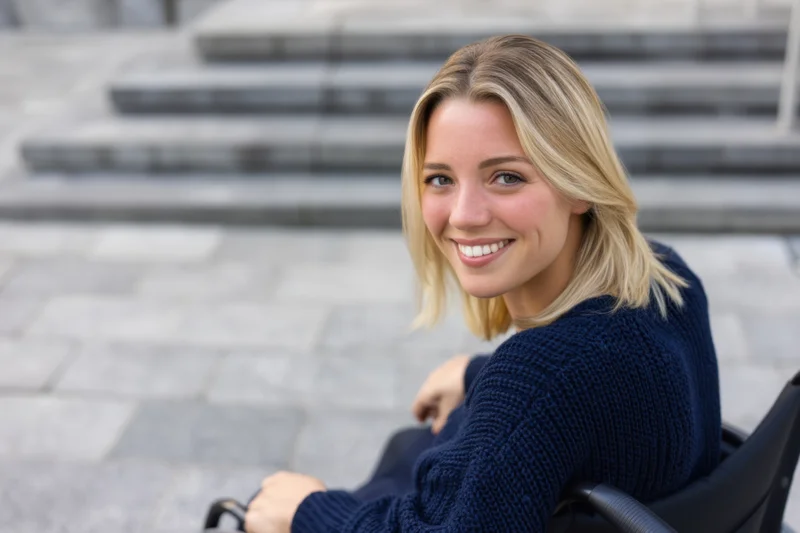Young woman in wheelchair smiling outdoors on paved steps