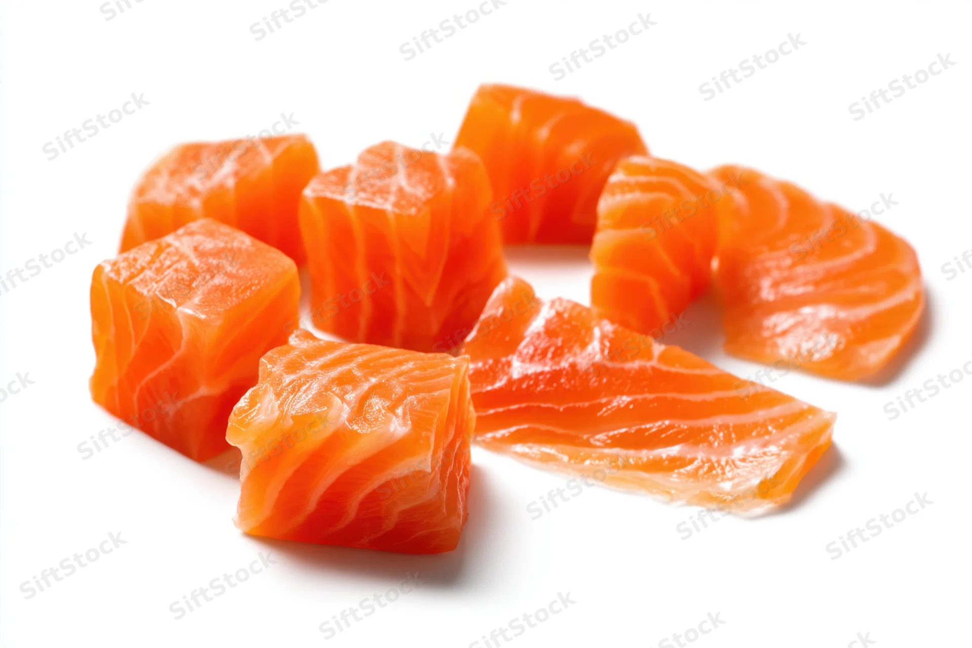 Raw salmon chunks arranged on a white background with copyspace