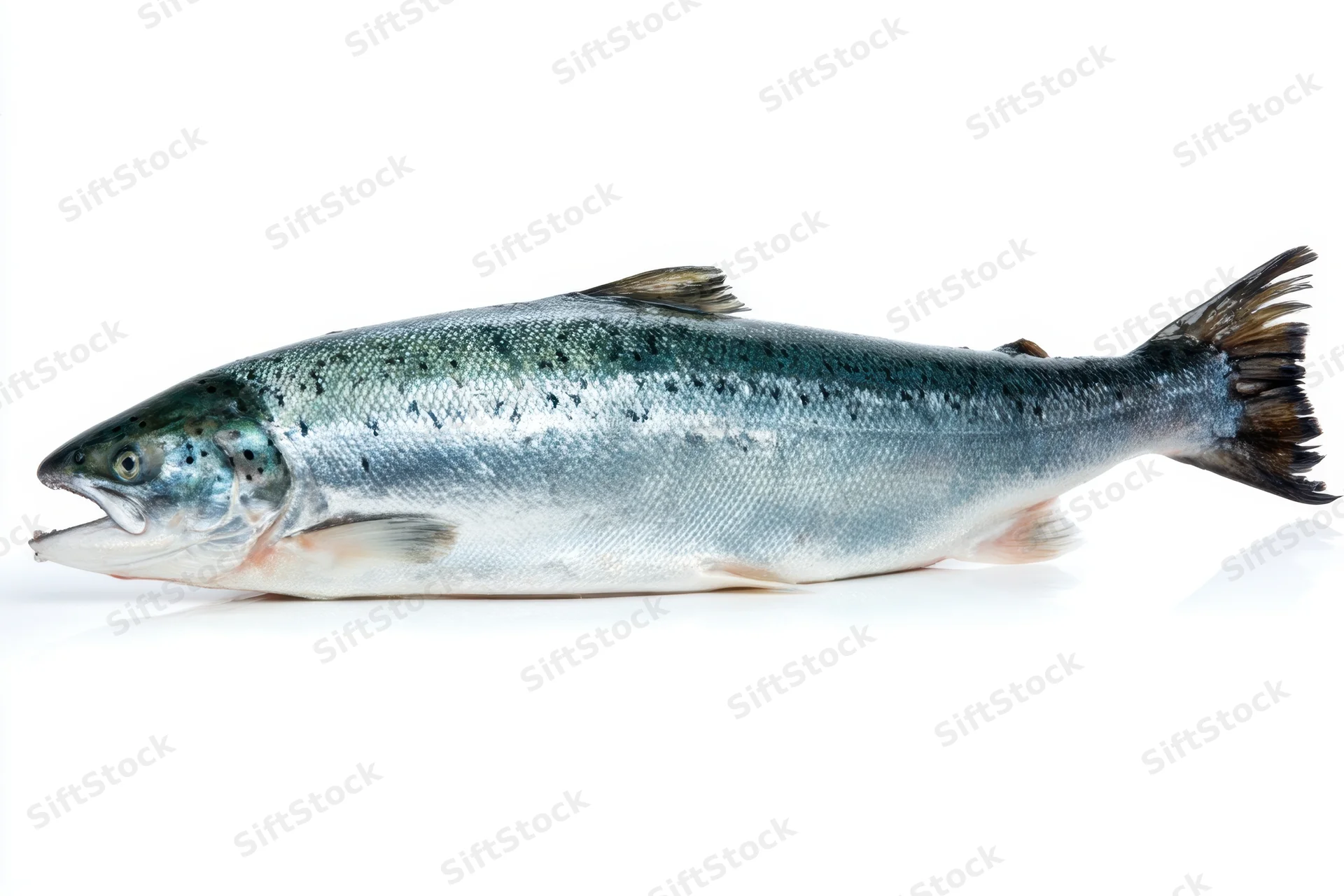 Full-length atlantic salmon lying on white background with open mouth and visible scales and fins