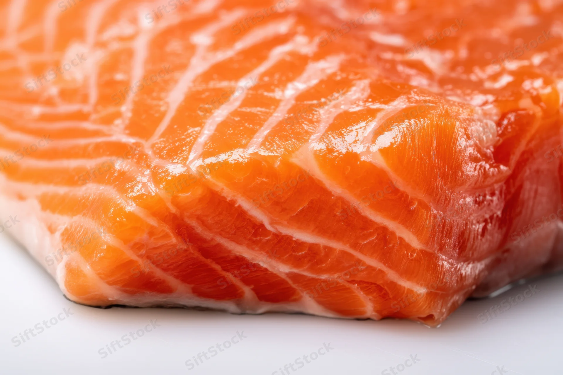 Raw salmon fillet with visible fat marbling on white surface