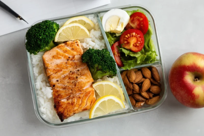 Grilled salmon on rice with broccoli and lemon in a compartmentalized glass lunchbox beside an apple and office supplies on a white surface