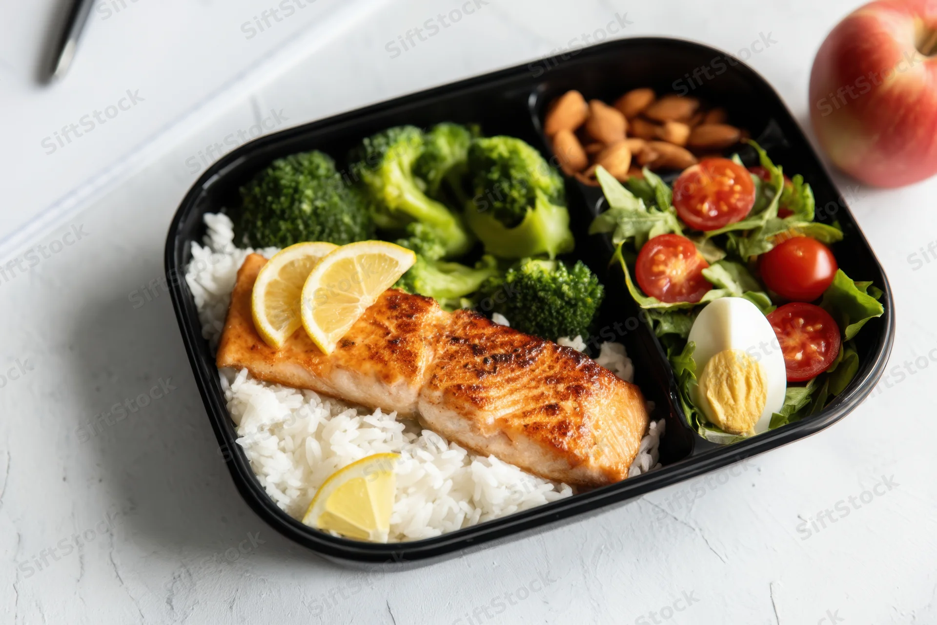 Grilled salmon on rice with broccoli and salad in a black meal prep container on a white surface