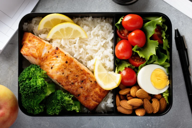 Grilled salmon with rice and vegetables in a divided lunchbox on a desk surface