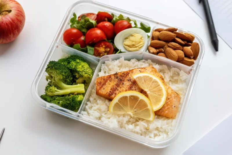 Grilled salmon on rice with broccoli, tomatoes, almonds and egg in a compartmentalized lunchbox on a desk