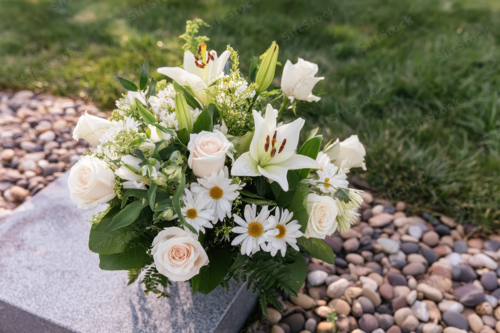 White floral arrangement with roses, lilies and daisies on a grave marker in a cemetery garden