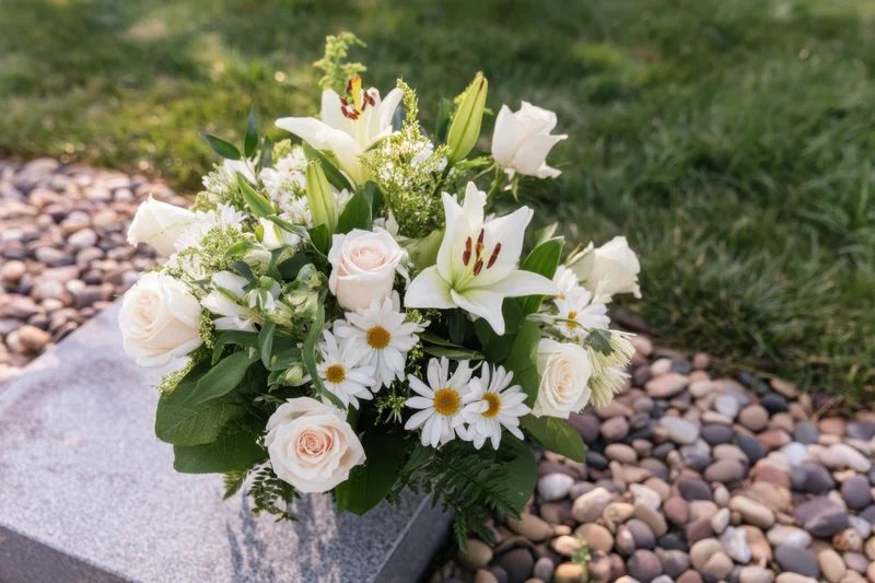 White floral arrangement with roses, lilies and daisies on a grave marker in a cemetery garden