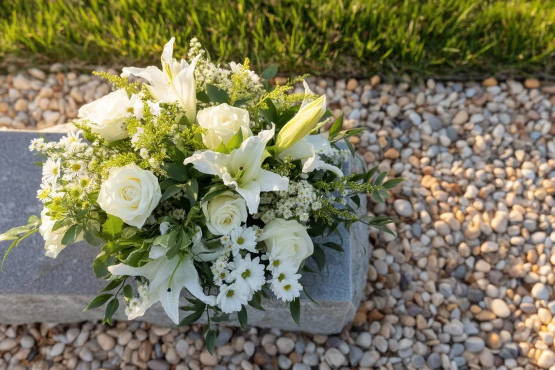 White floral arrangement with roses and lilies on a grave marker in a cemetery garden