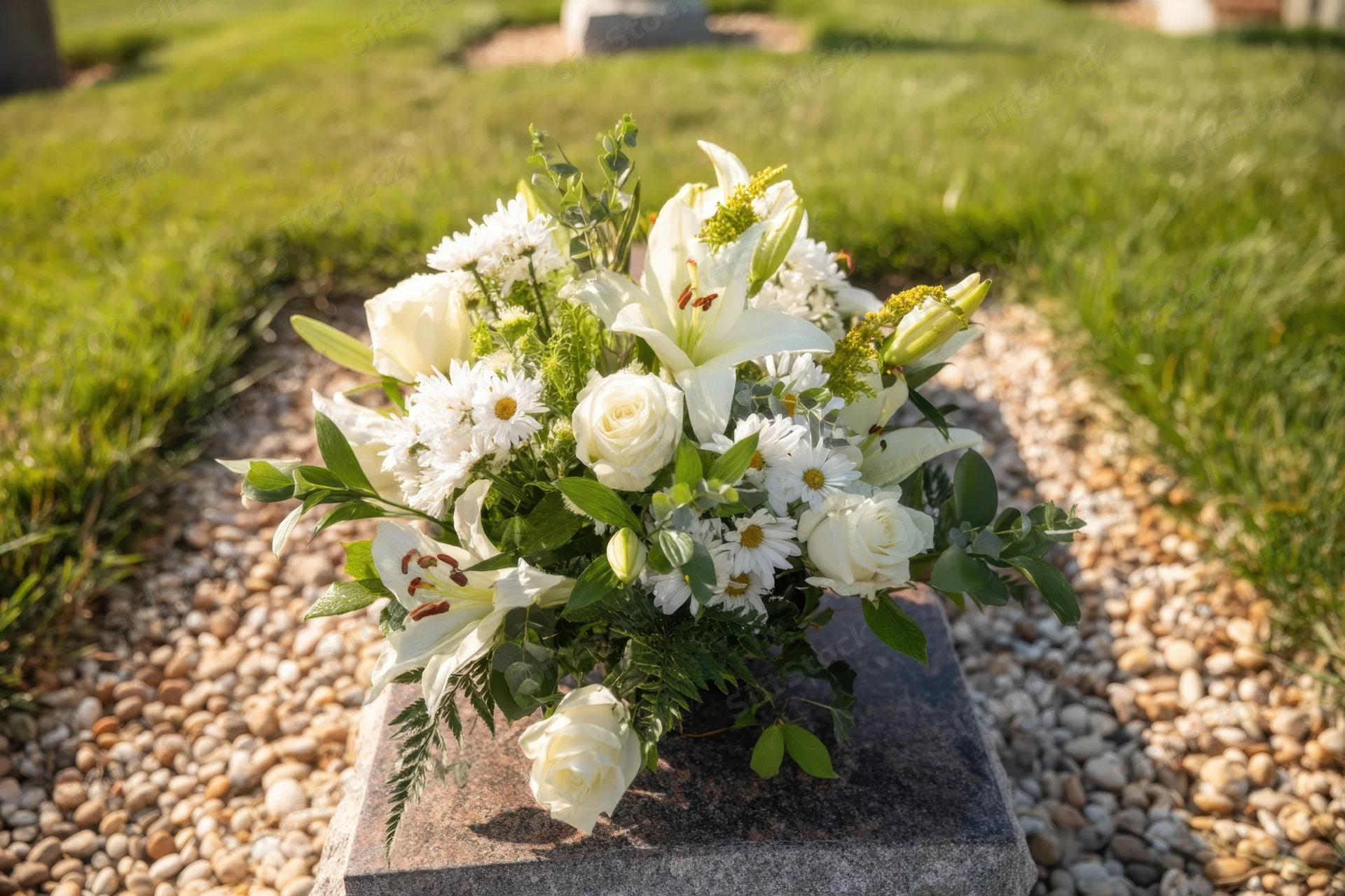 White floral arrangement with lilies and roses on a grave marker in a cemetery