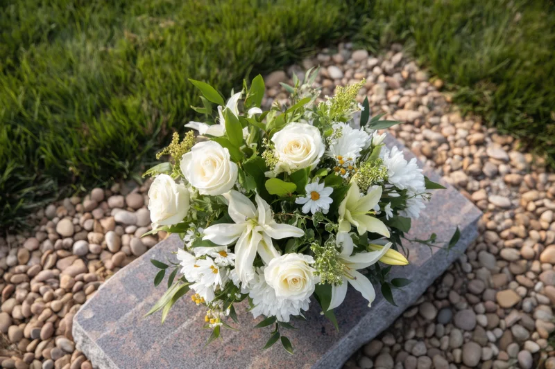 White floral arrangement on a grave marker surrounded by pebbles and grass