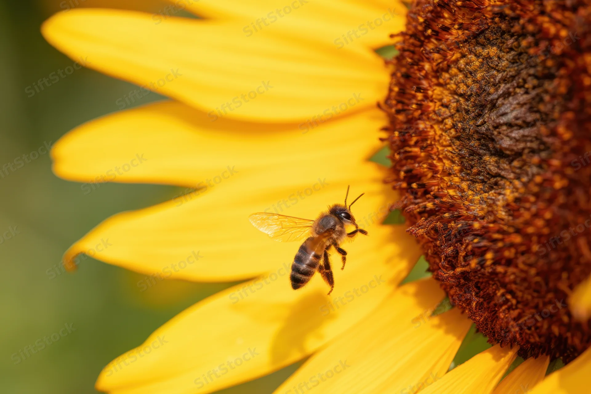 Bee hovering near a sunflower in a garden during summer daytime