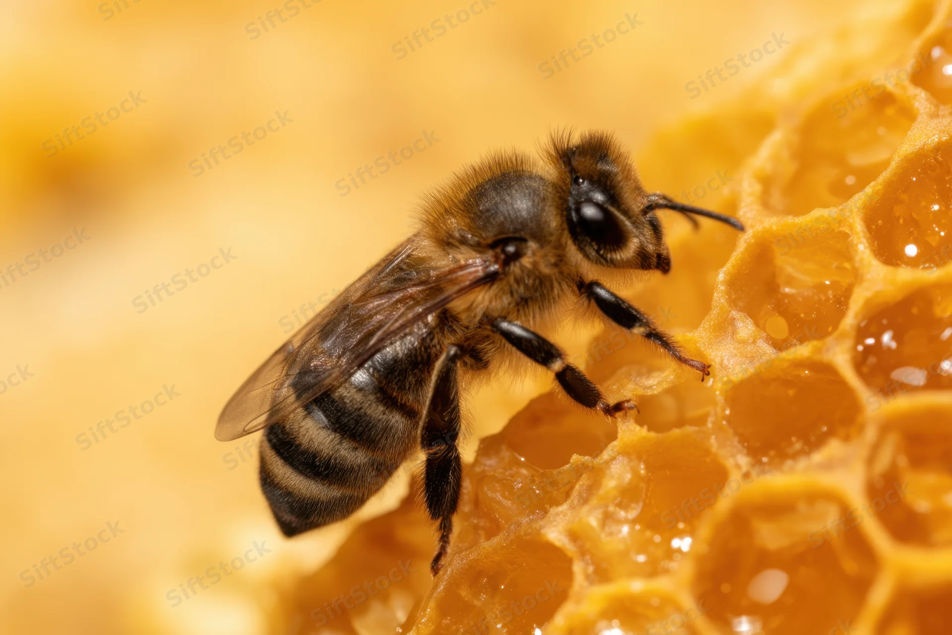 Honeybee perched on honeycomb structure with visible hexagonal cells and golden wax, close-up view showing body details and antennae