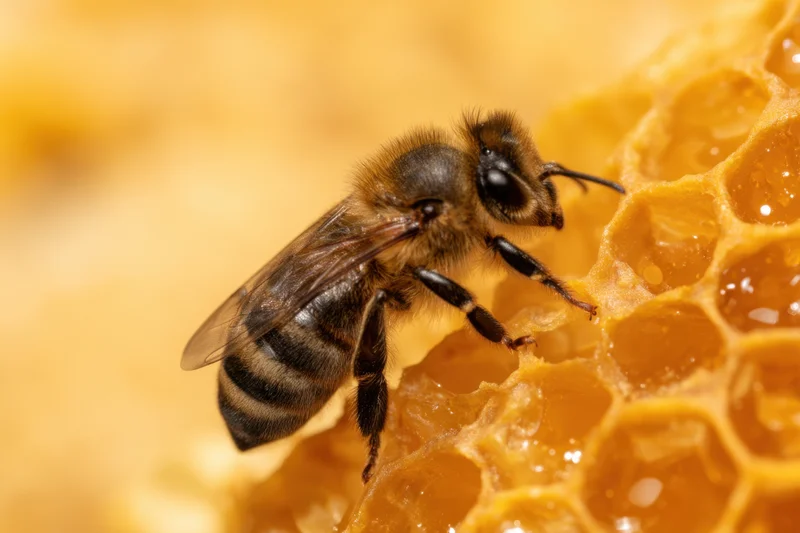 Honeybee perched on honeycomb structure with visible hexagonal cells and golden wax, close-up view showing body details and antennae