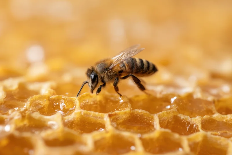 Honeybee perched on honeycomb structure with golden cells filled with honey