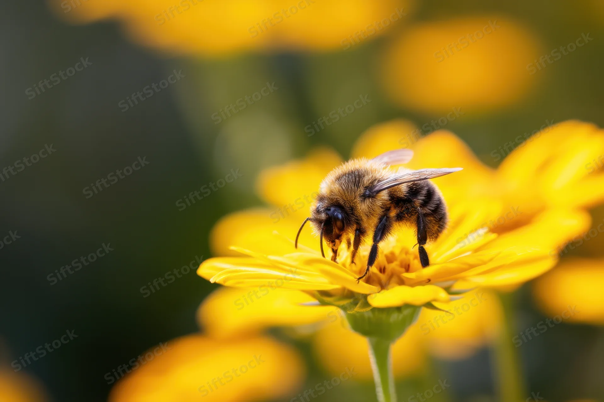 Bee collecting nectar from a yellow flower in a garden setting