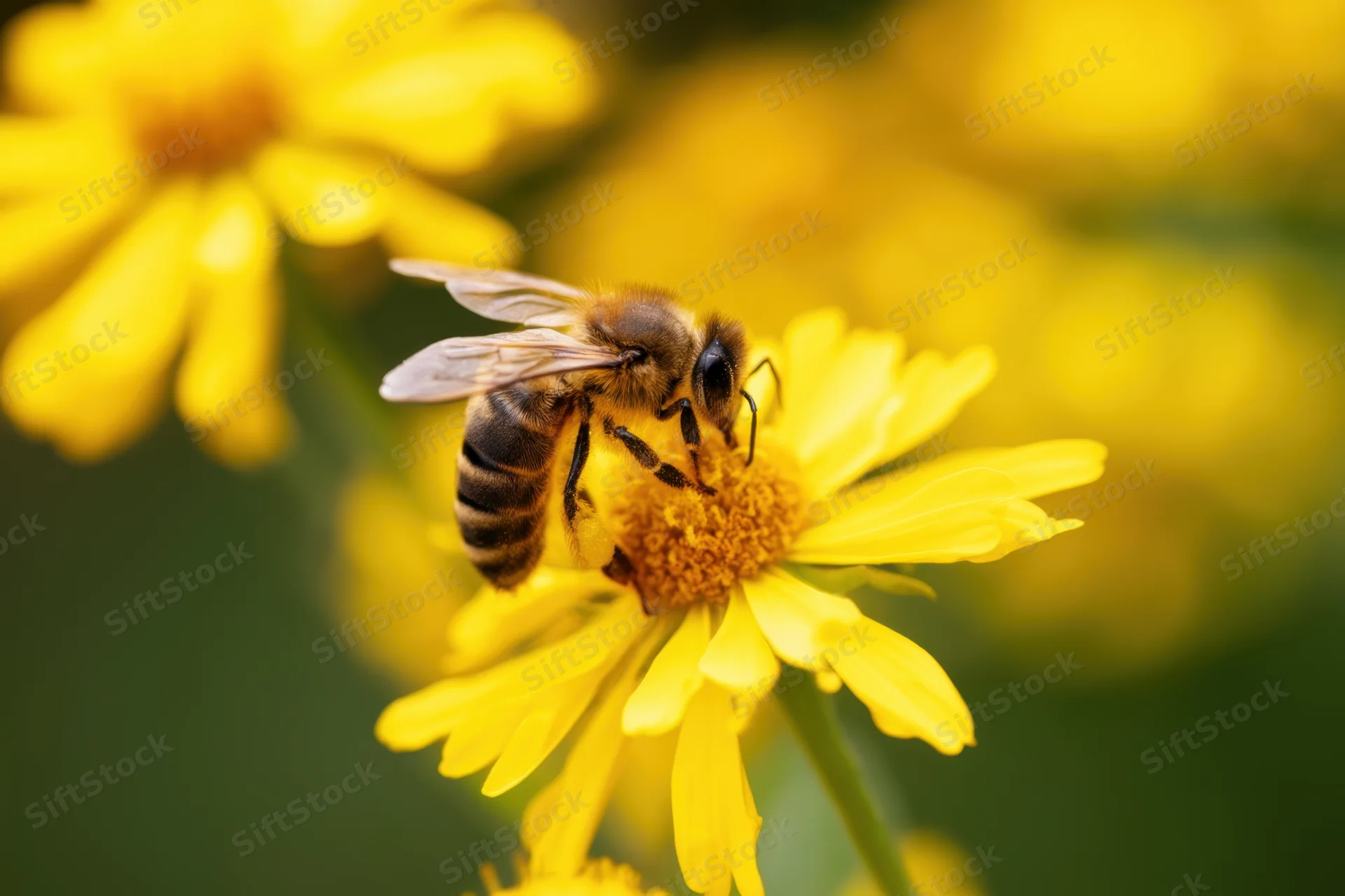 Honeybee foraging on a yellow flower in a garden setting