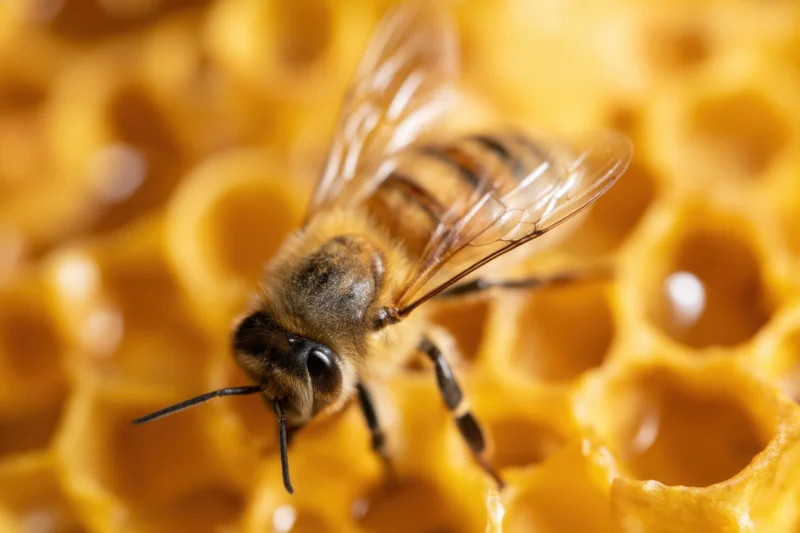 Bee resting on honeycomb structure with visible compound eyes and striped abdomen