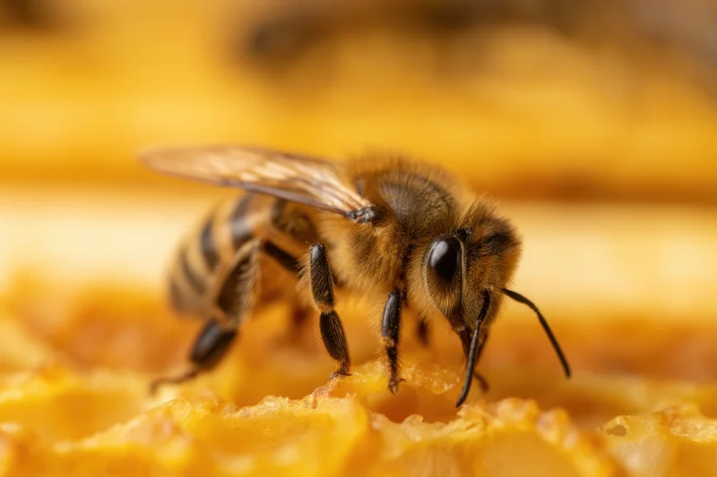 Honeybee with detailed anatomy perched on honeycomb cells