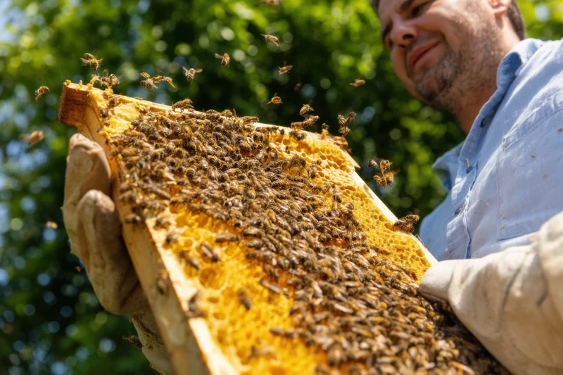 Beekeeper holding honeycomb frame covered in bees outdoors in summer daylight