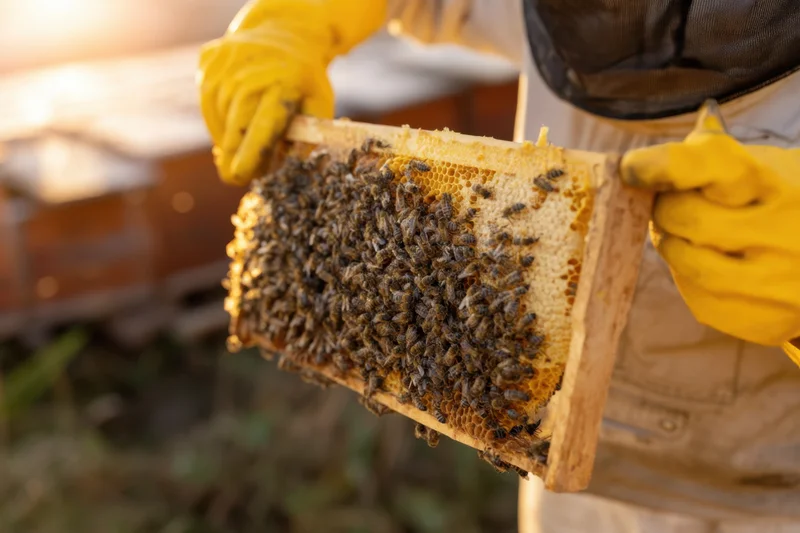 Beekeeper holding wooden frame with bees and honeycomb in apiary