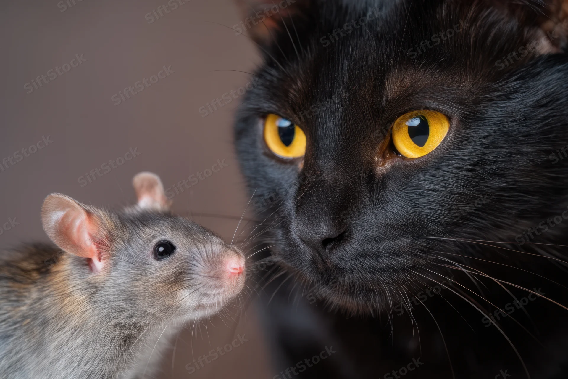 Black cat with piercing yellow eyes facing a gray rat in close proximity