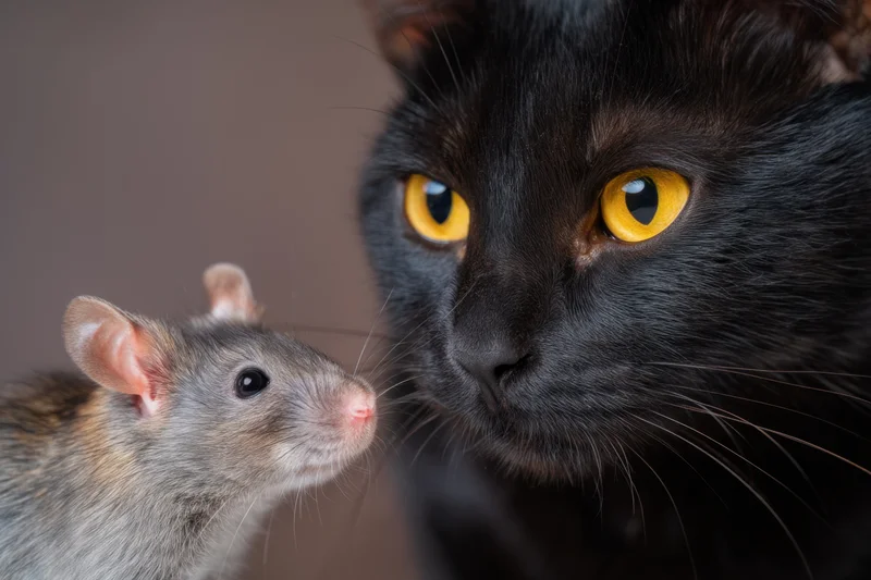 Black cat with piercing yellow eyes facing a gray rat in close proximity