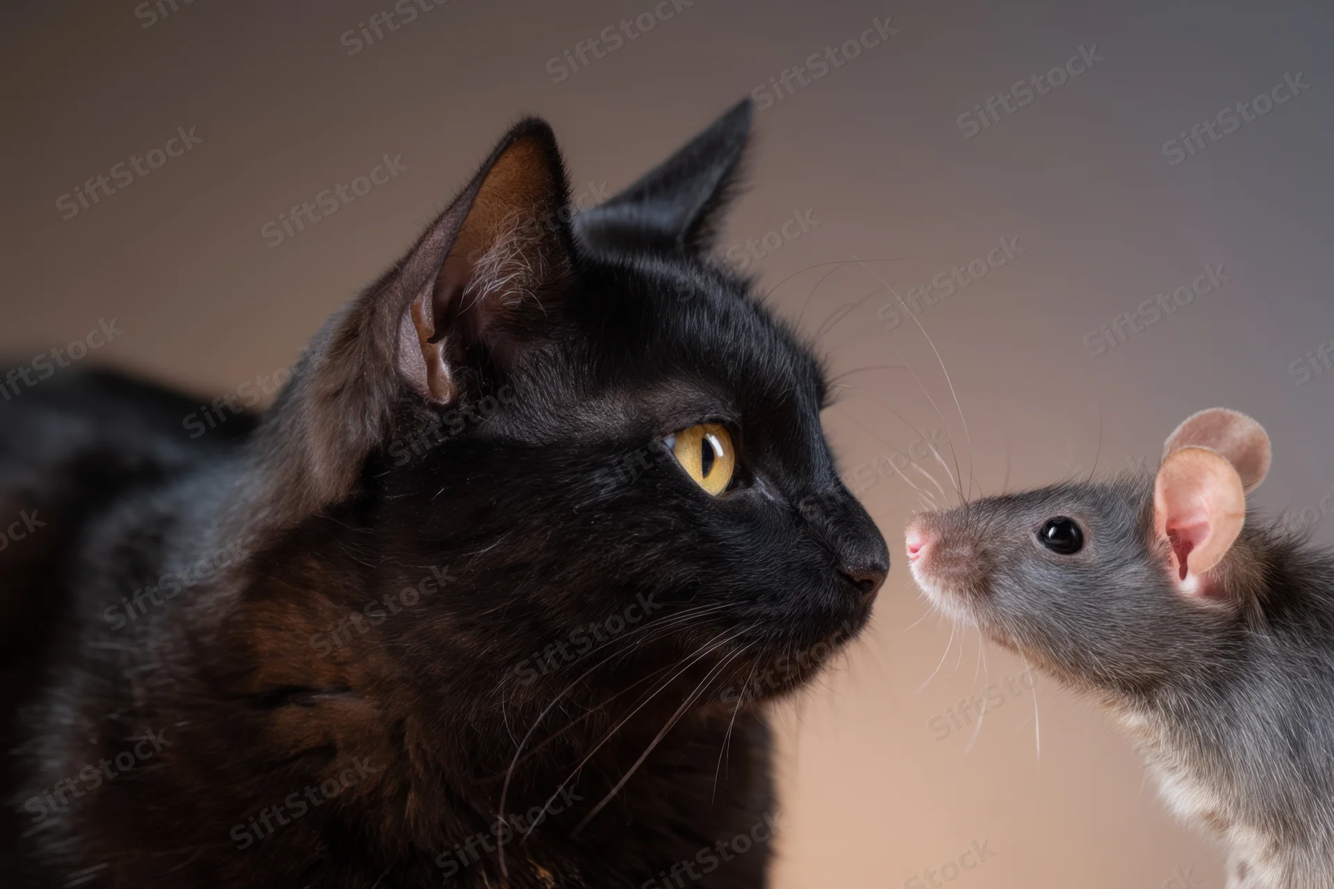 Black cat and gray mouse facing each other in close profile view