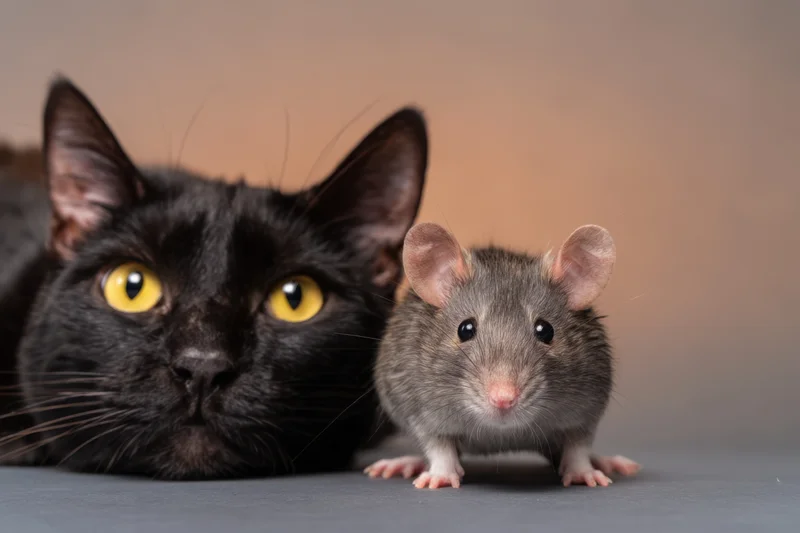 Black cat with yellow eyes lying beside a gray mouse on a plain surface