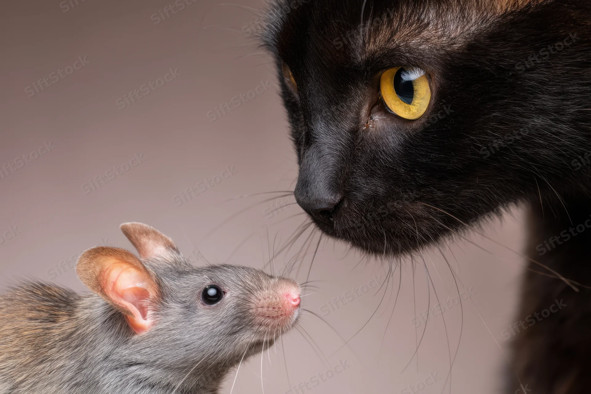 Black cat with yellow eyes facing a gray rat in close proximity, studio setting