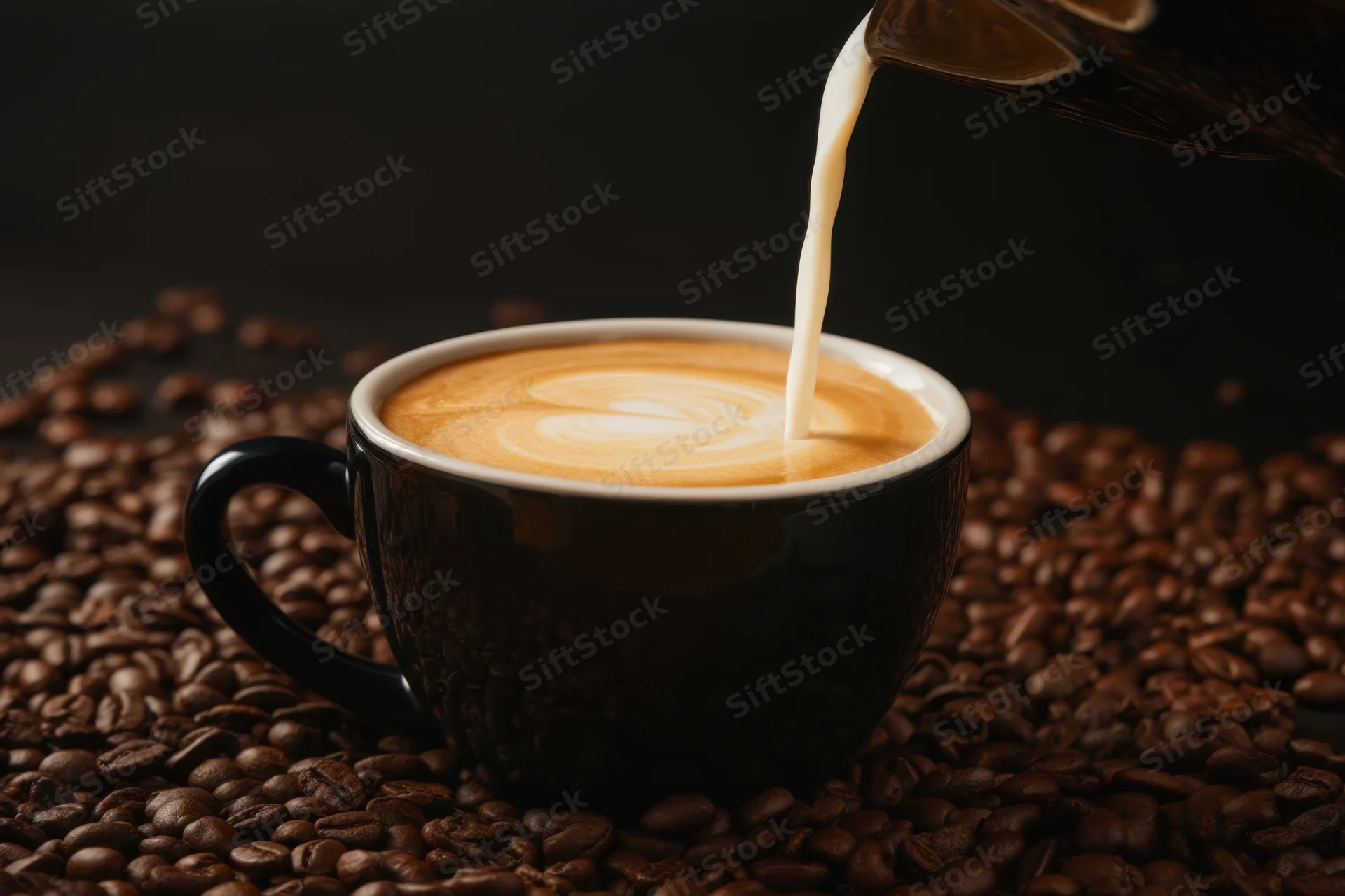 Milk being poured into a black coffee cup with latte art on a bed of coffee beans