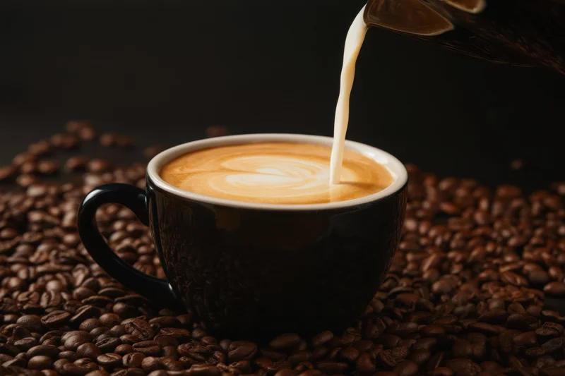Milk being poured into a black coffee cup with latte art on a bed of coffee beans