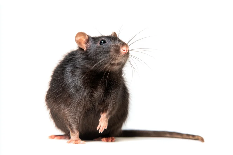 Black rat standing upright with plump body on white background