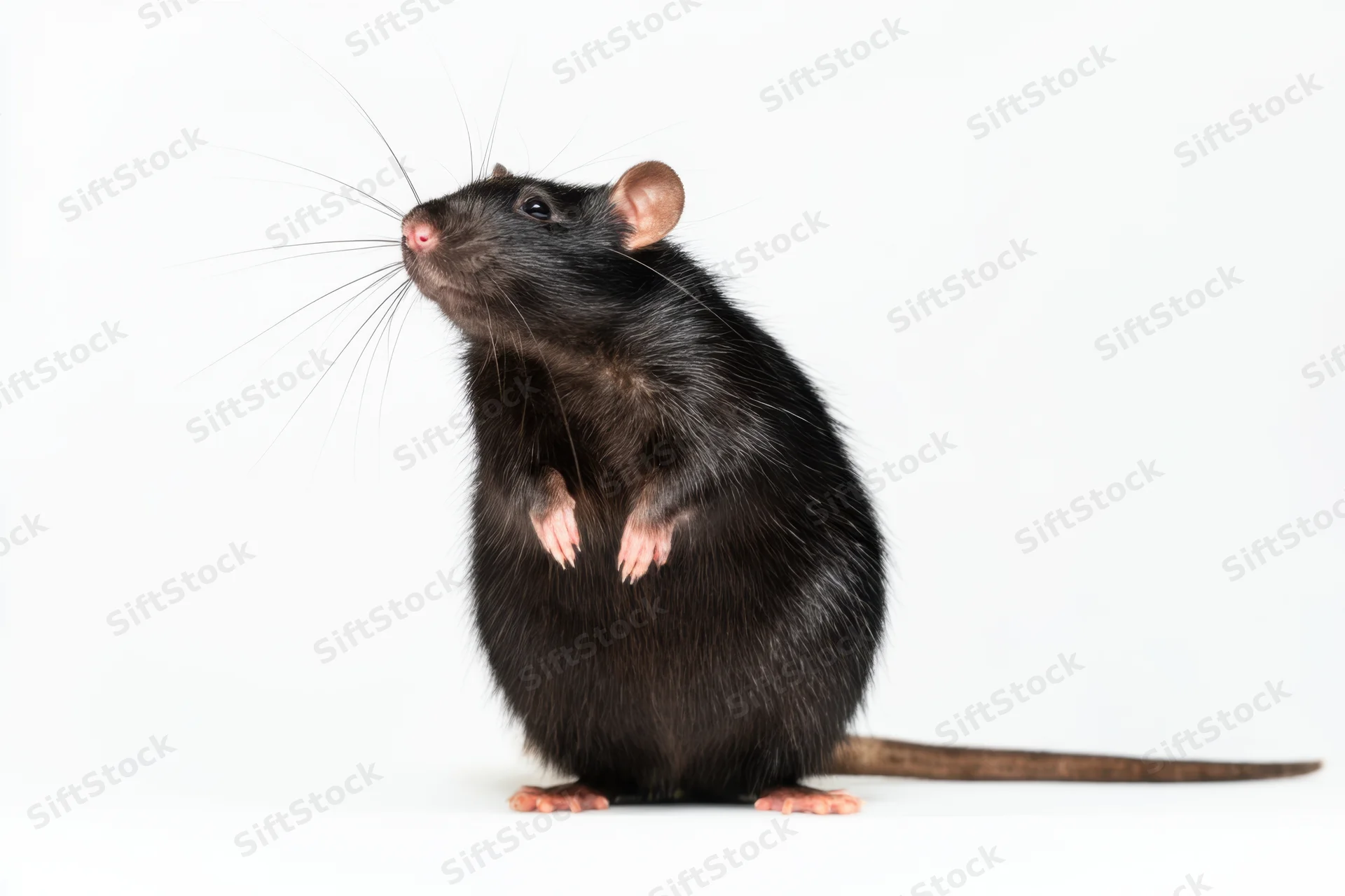 Black rat standing upright with plump body on white background