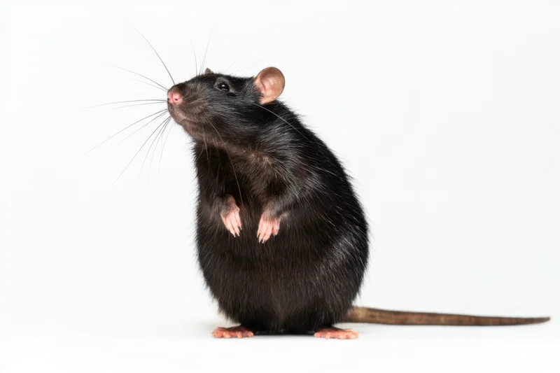 Black rat standing upright with plump body on white background