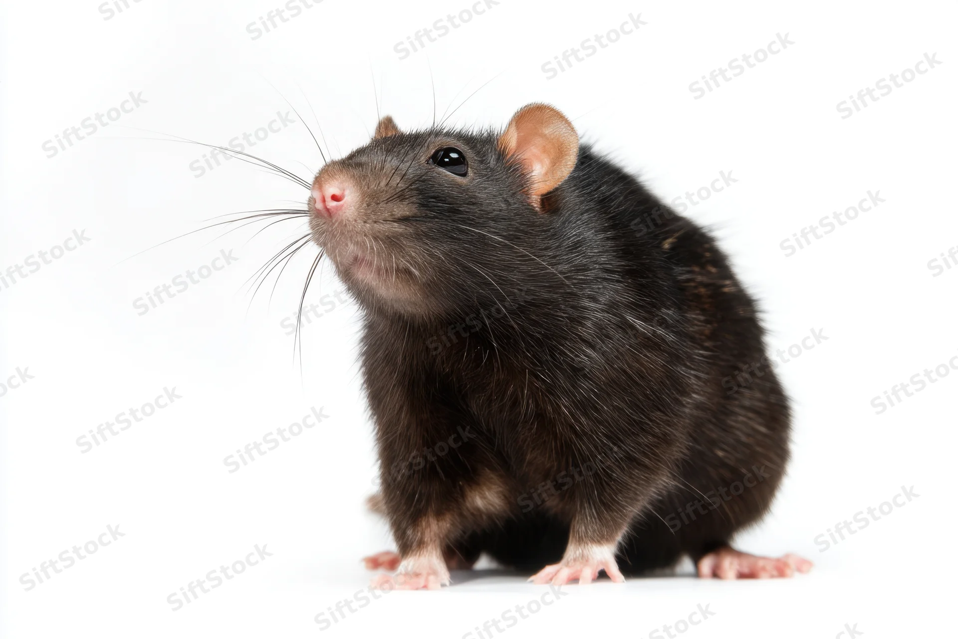 Black rat standing upright on white background with plump body and visible whiskers