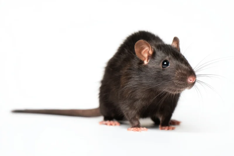 Black rat with smooth fur and delicate whiskers standing on white background